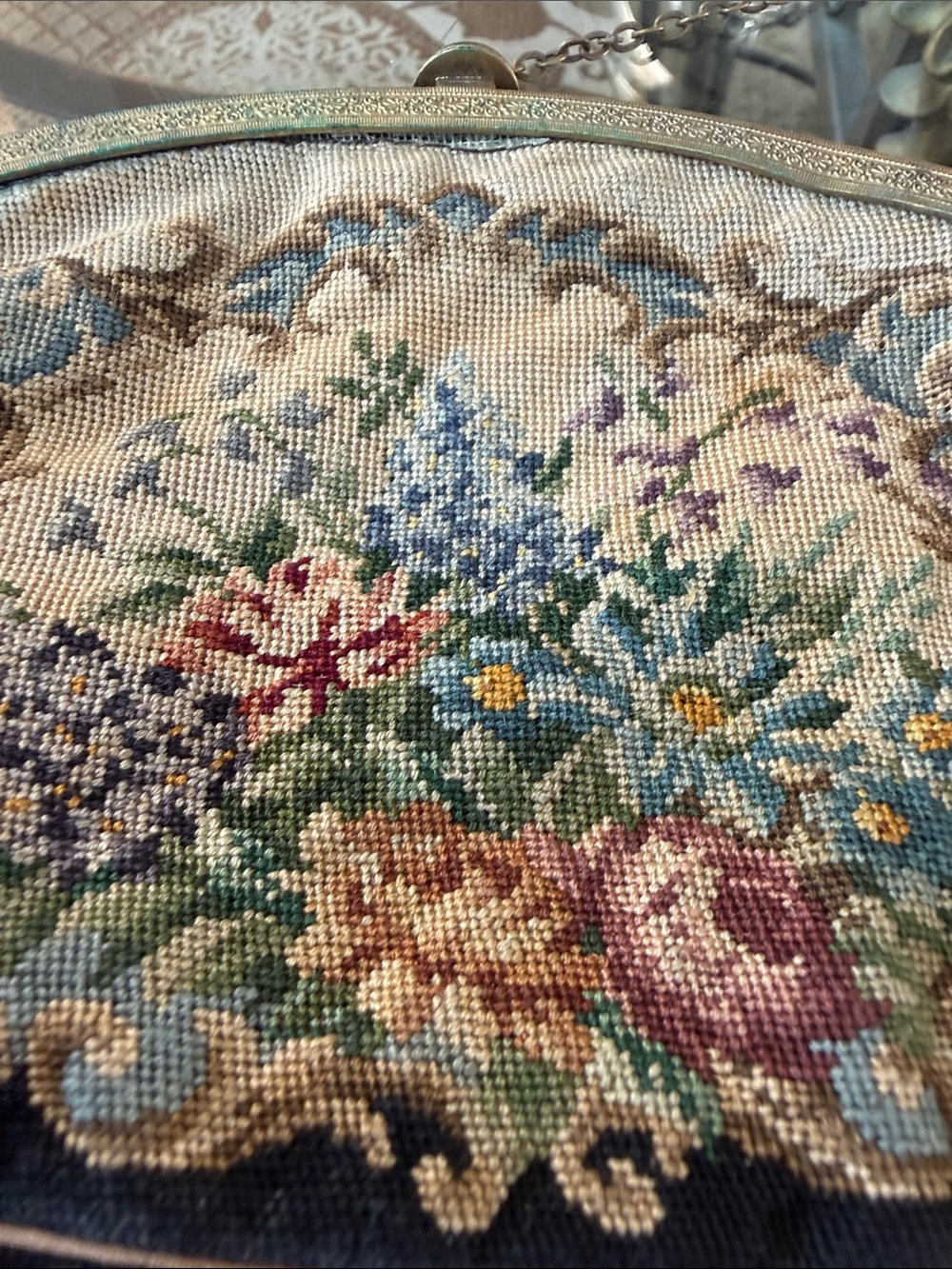 Antique tapestry needle point & enamel purse